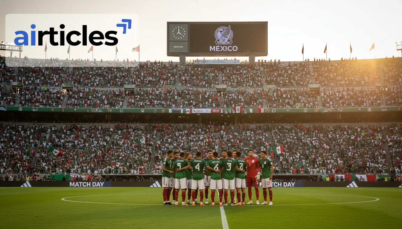 Jogadores da seleção mexicana de futebol se reúnem em campo, com torcedores vibrantes ao fundo. Fotorrealismo.