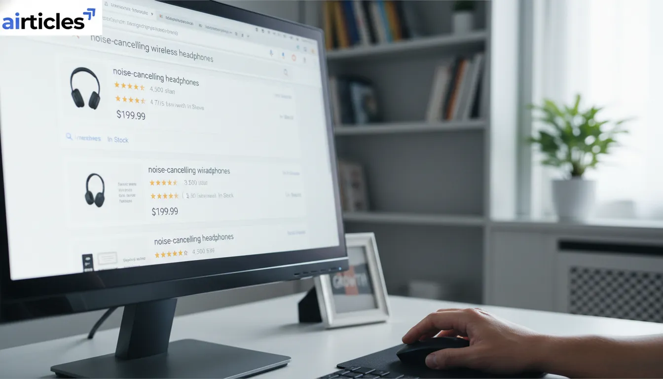 Tela computador mostra resultados busca Google otimizados para seo e commerce, com rich snippets.