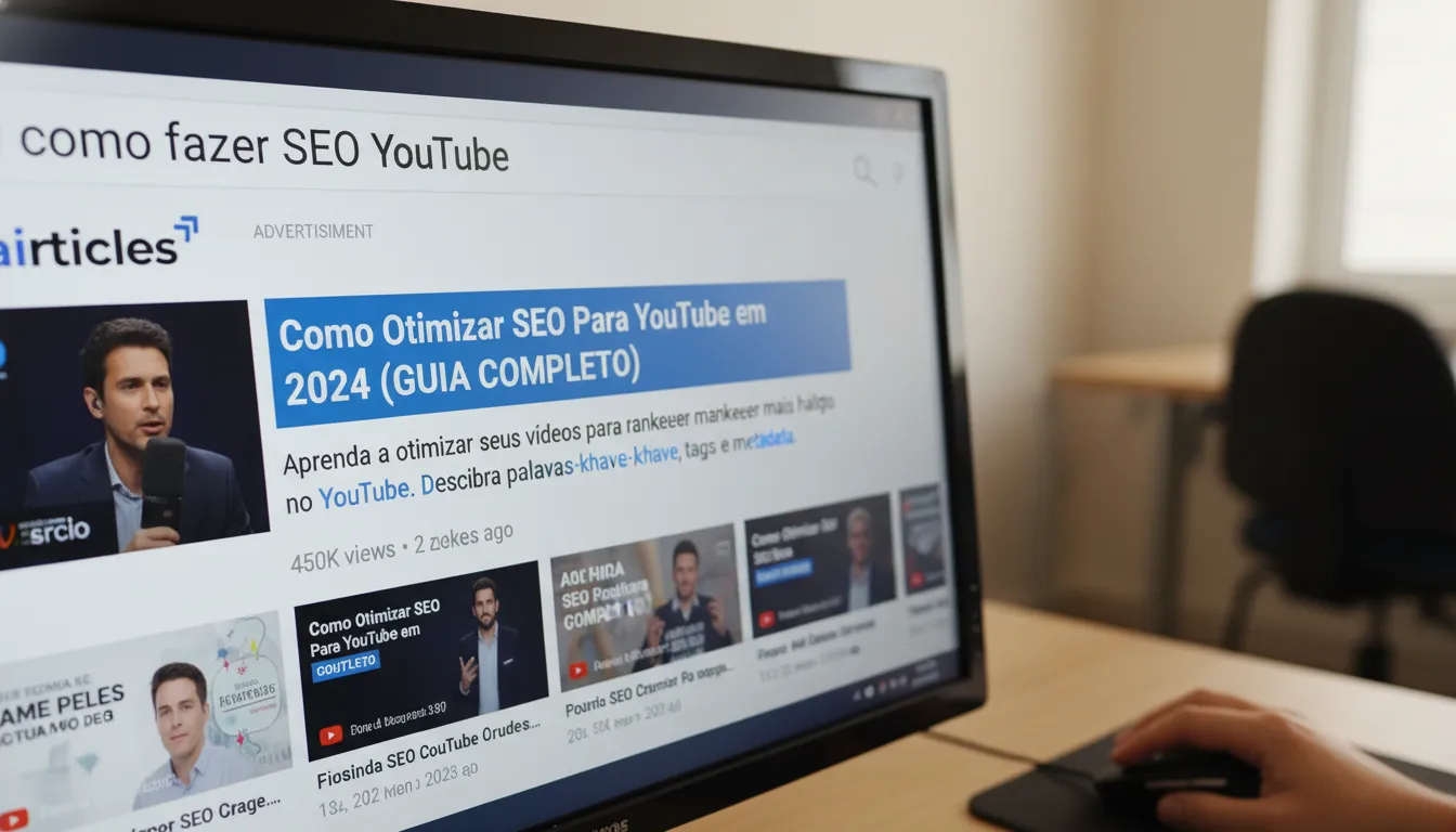 Tela de computador exibe resultados de busca YouTube, destacando vídeos otimizados para SEO YouTube e palavras-chave.