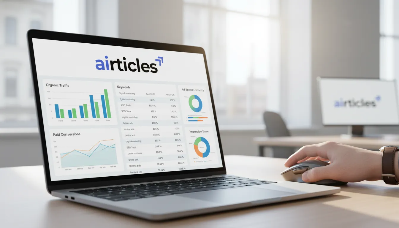 Tela de laptop exibe dashboard com métricas de SEO e SEM, ilustrando estratégias digitais para 2026.