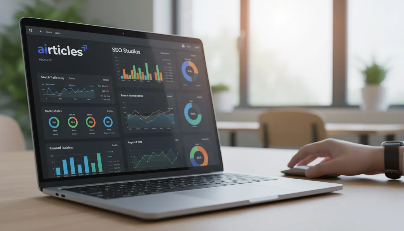 Tela de notebook exibe dashboard vibrante do SEO Studios com gráficos de performance. Otimize seu site.