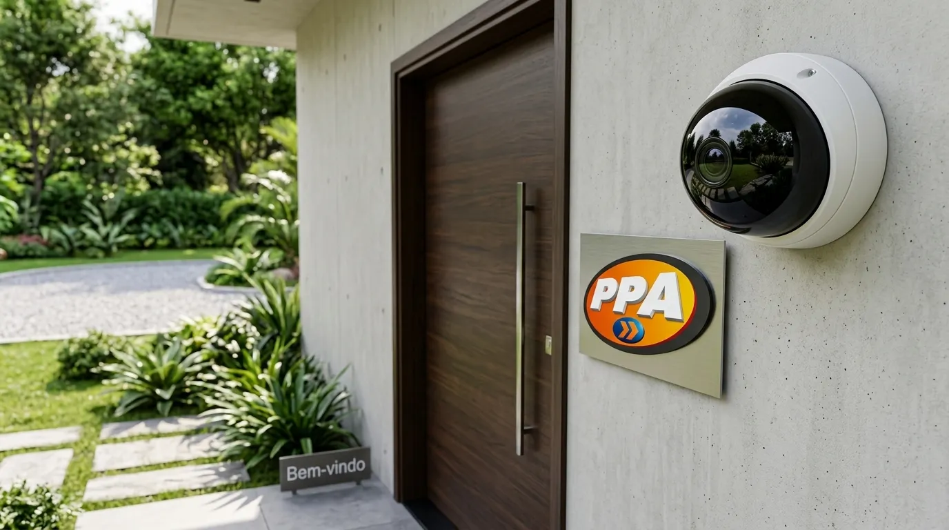 Moderna camera de segurança hd 1080p instalada na entrada residencial garantindo monitoramento e proteção.