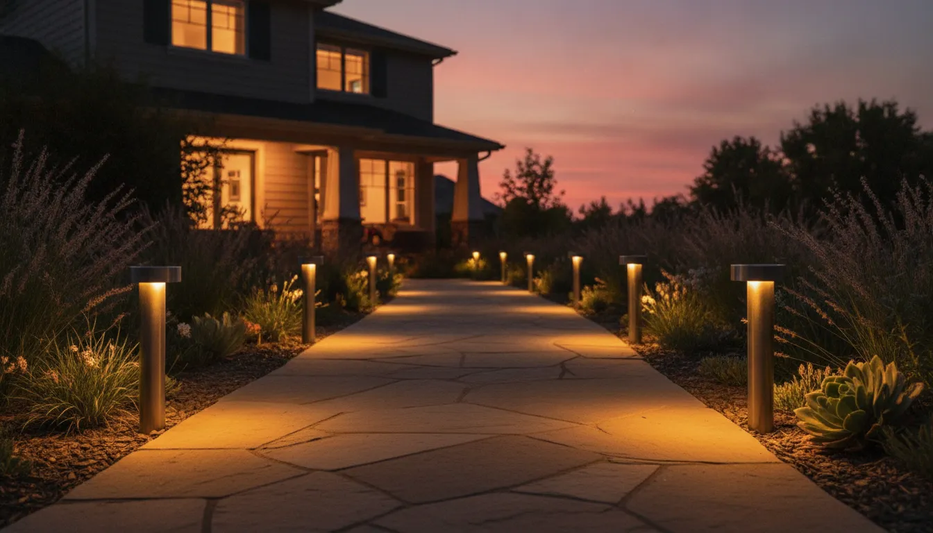 Caminho de jardim iluminado por luzes LED solares, demonstrando a beleza e eficiência da energia solar em exteriores.