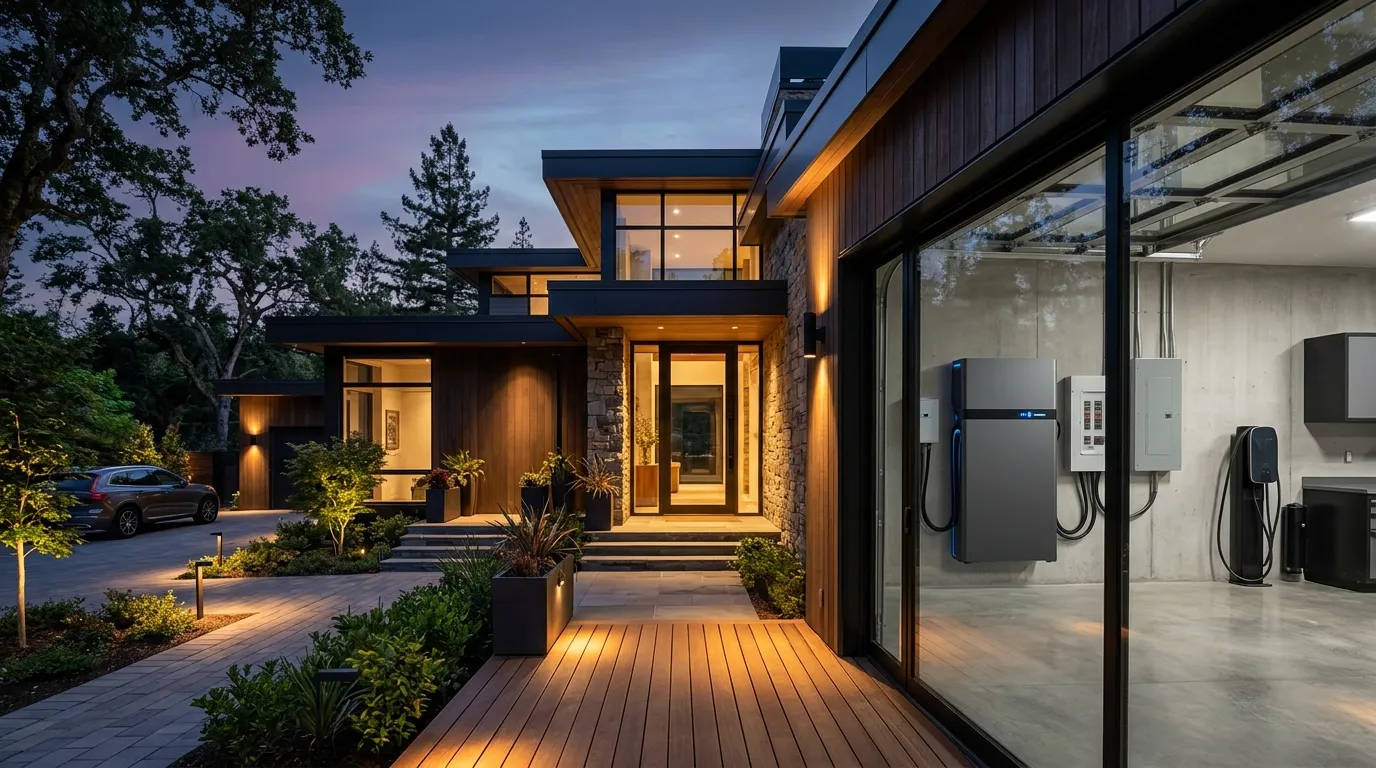 casa-moderna-sistemas-energia-seguranca.webp Fachada de casa moderna com sistemas de energia confiáveis iluminando a área externa com segurança.