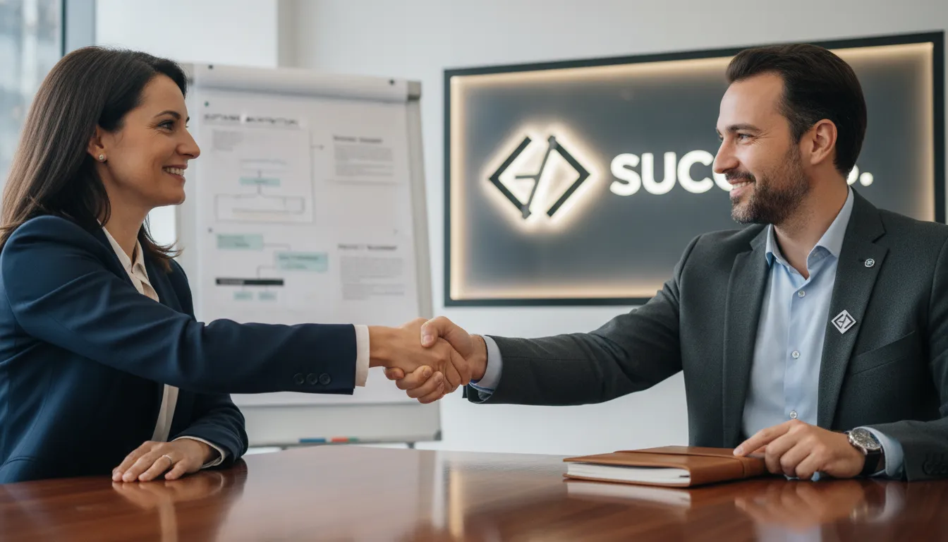 Cliente e consultor de empresa de desenvolvimento de software apertam as mãos em reunião de negócios.