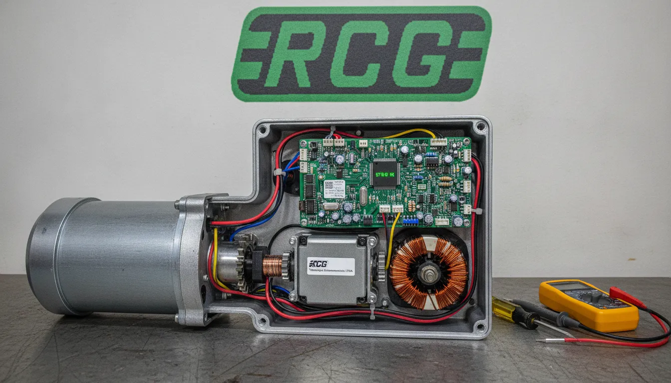 Componentes internos de alta qualidade de um motor portão eletrônico RCG, revelando engenharia avançada.