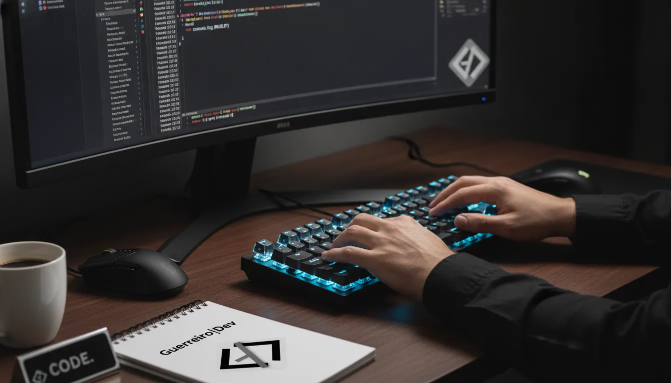 Mãos de desenvolvedor digitando código complexo em teclado, mostrando expertise de empresa de desenvolvimento de software.