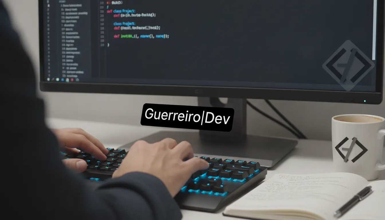 Mãos de desenvolvedor digitando código Python em um teclado, criando projetos em Python para soluções inovadoras.