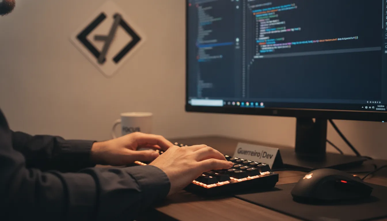 Mãos de desenvolvedor digitando código habilmente, mostrando a dedicação do freelancer programação.