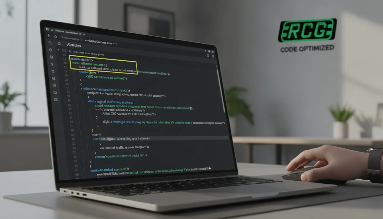 Desenvolvedor focado em otimização de SEO para web, com código no monitor. Melhores práticas em web dev SEO.