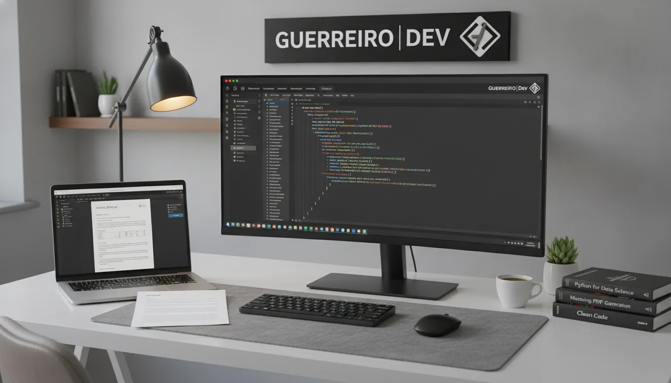 Desenvolvedor trabalhando em projetos em python pdf, com código no monitor e documento gerado. Logo Guerreiro|Dev visível.