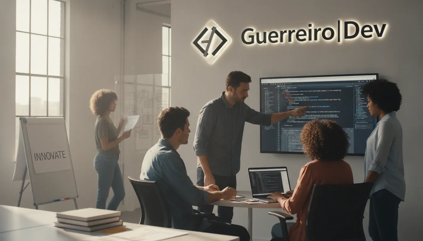 Desenvolvimento de software: Equipe colabora em ideias e soluções eficazes, trabalhando em código e wireframes.