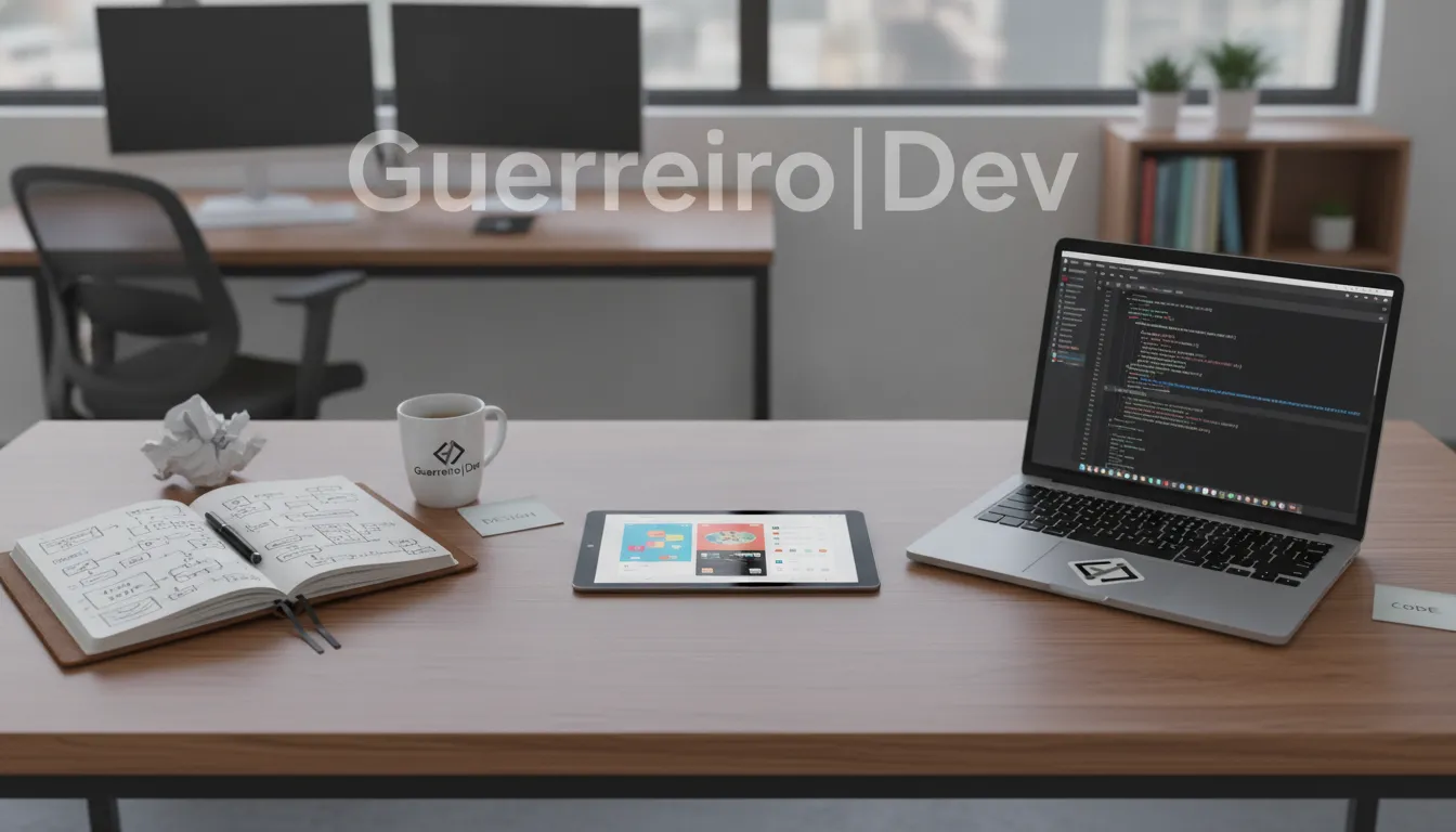 Desenvolvimento de software: Da ideia à solução eficaz, com esboços, UI/UX e código no laptop.