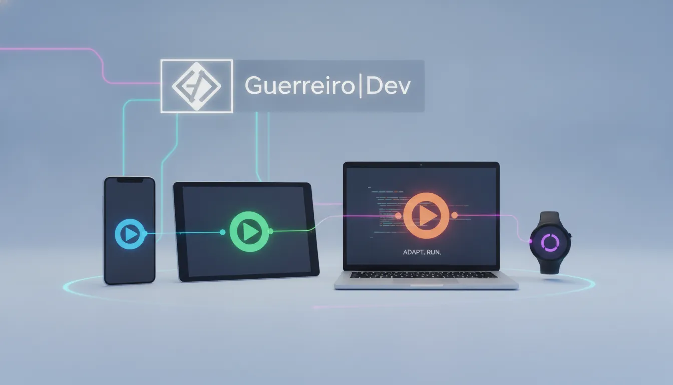 Desenvolvimento de software multiplataforma: código adaptável flui perfeitamente entre smartphone, tablet, laptop e smartwatch.