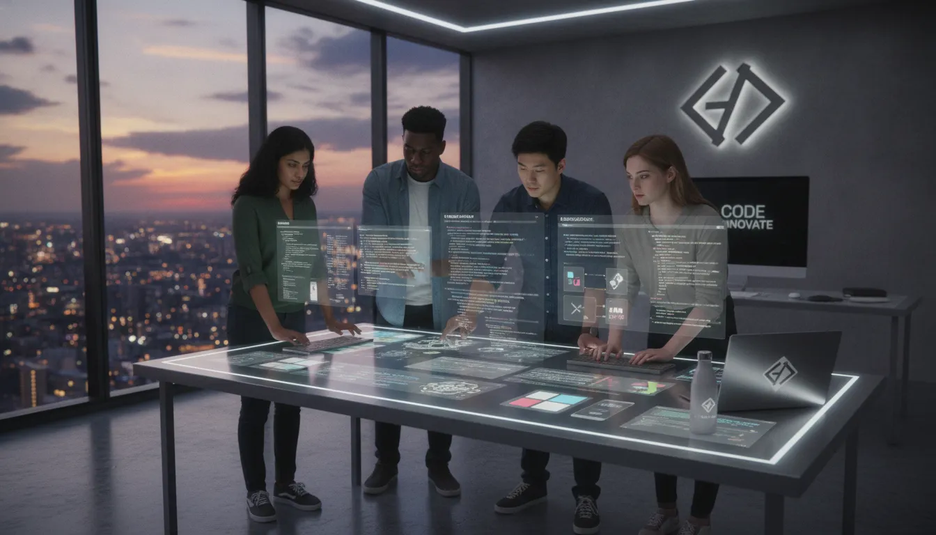 Desenvolvimento de software multiplataforma: equipe diversa colabora em projeção holográfica de código e UI para vários dispositivos.