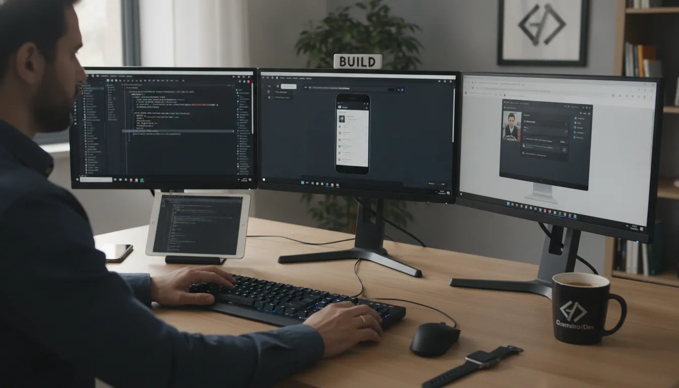 Desenvolvimento de software multiplataforma: programador focado em setup multi-monitor com código e apps em vários dispositivos.