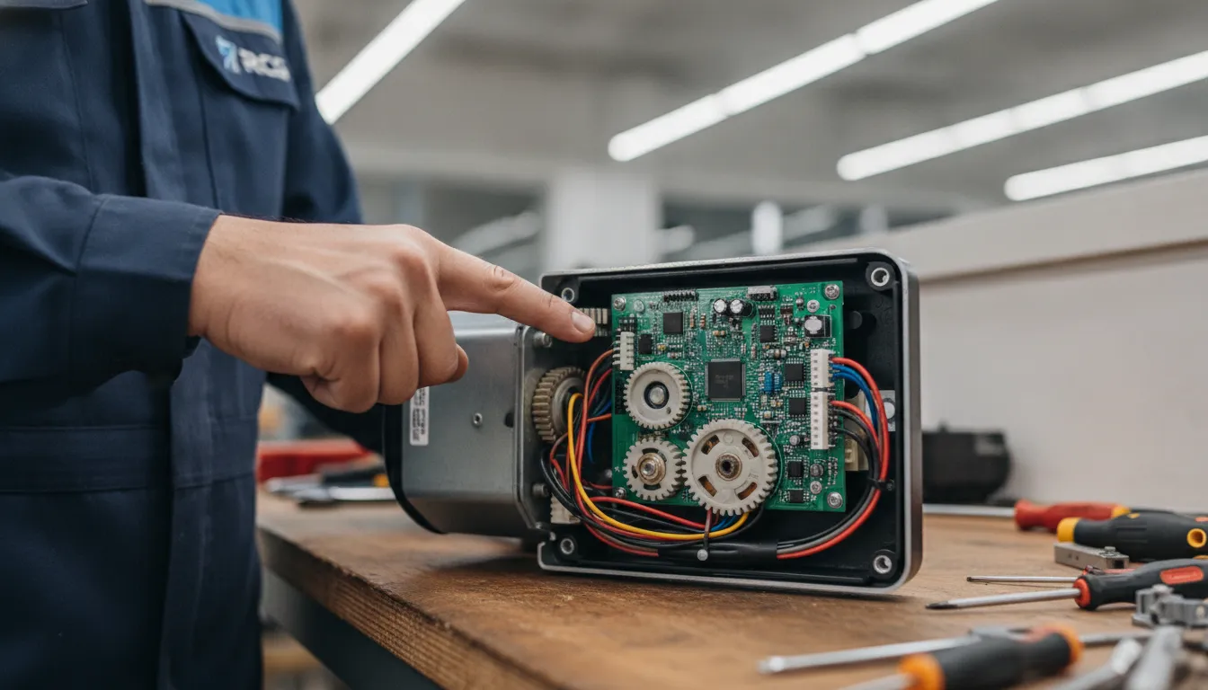 Detalhe interno motor portao eletronico RCG, com componentes eletrônicos e mecânicos de alta qualidade.