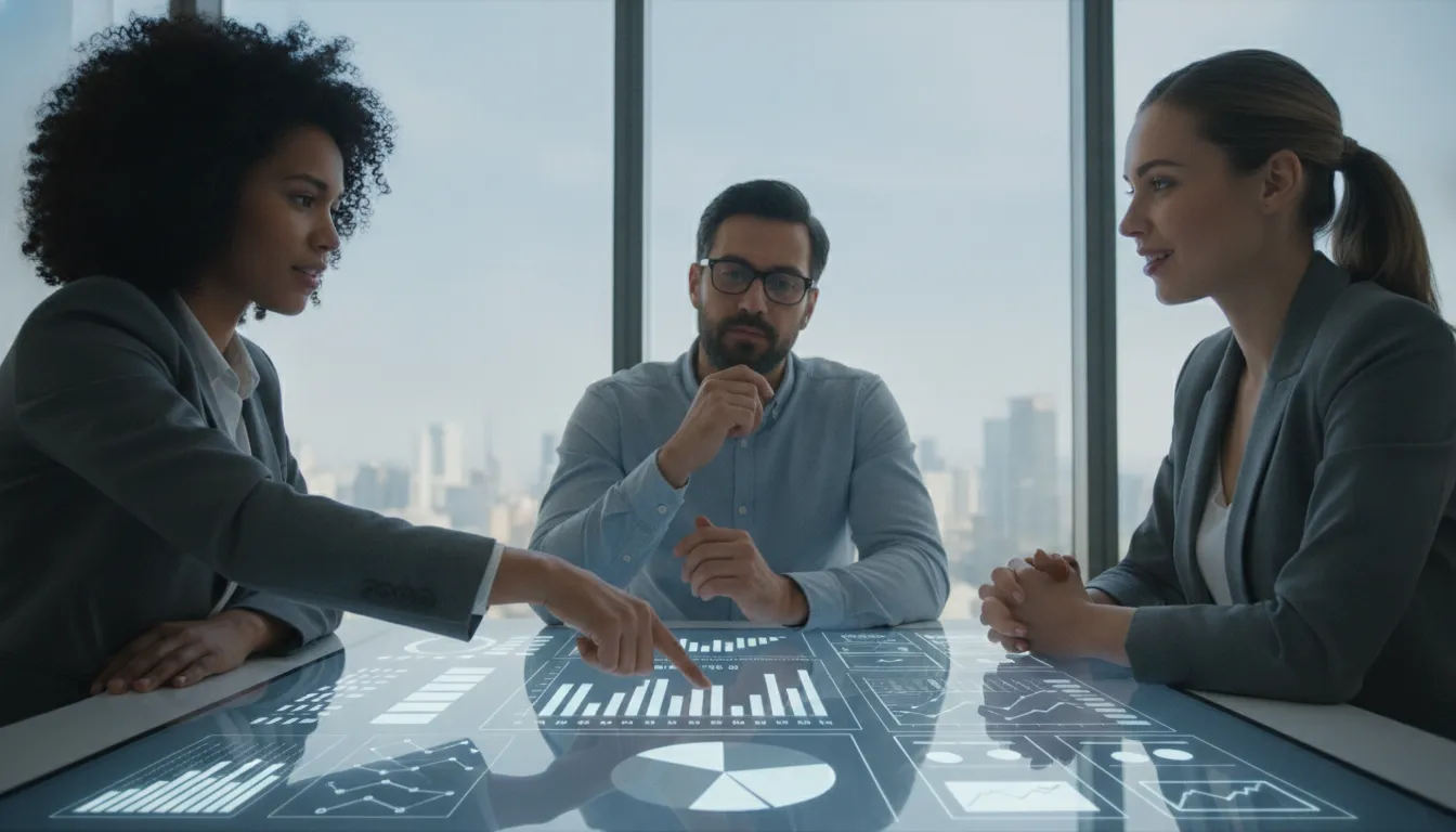 Equipe colabora em mesa digital interativa, analisando dados para gerar notícias impactantes e relevantes.