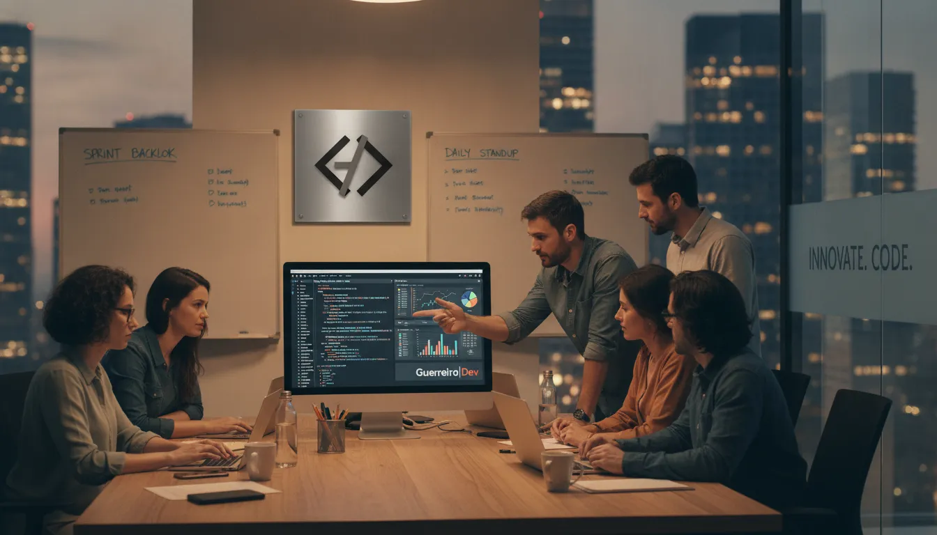 Equipe de desenvolvedores colaborando em projetos em Python, com foco em metodologias ágeis e inovação da Guerreiro|Dev.