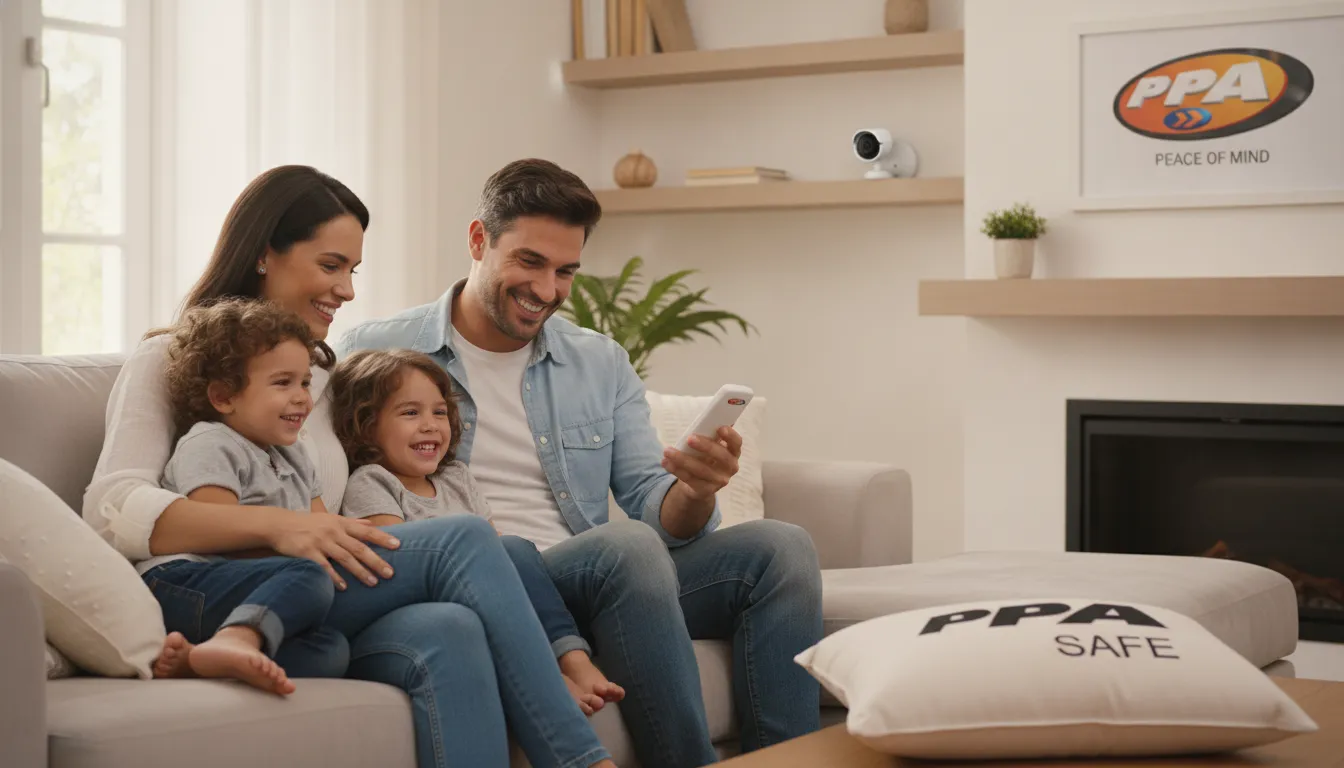 Família feliz e segura em casa, usando controle remoto de alarmes PPA, com câmera de segurança discreta.
