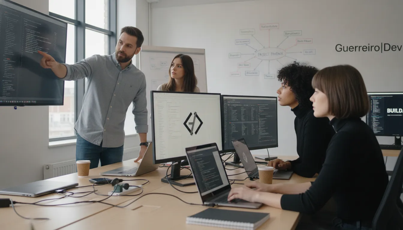 Equipe de freelancer programacao colabora em ambiente moderno, discutindo código e soluções para projetos.