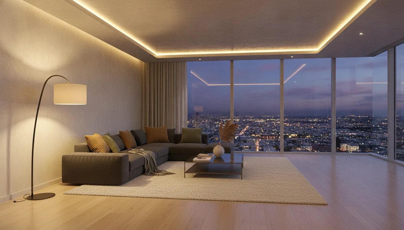 iluminacao-eficiente-sala-estar-moderna.webp Iluminação eficiente em sala de estar moderna, criando ambiente acolhedor e seguro com luzes LED e abajur.