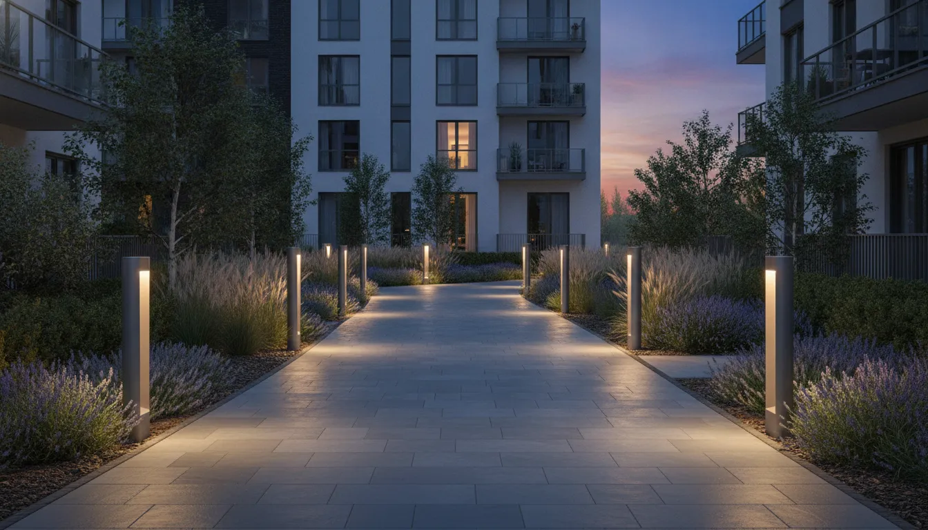 Iluminação externa no caminho residencial, aprimorando segurança e estética com luminárias modernas e eficientes.