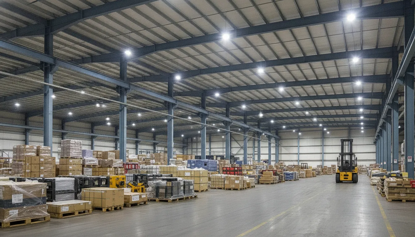 Iluminação industrial de alta eficiência em armazém, garantindo segurança e visibilidade para operações noturnas.