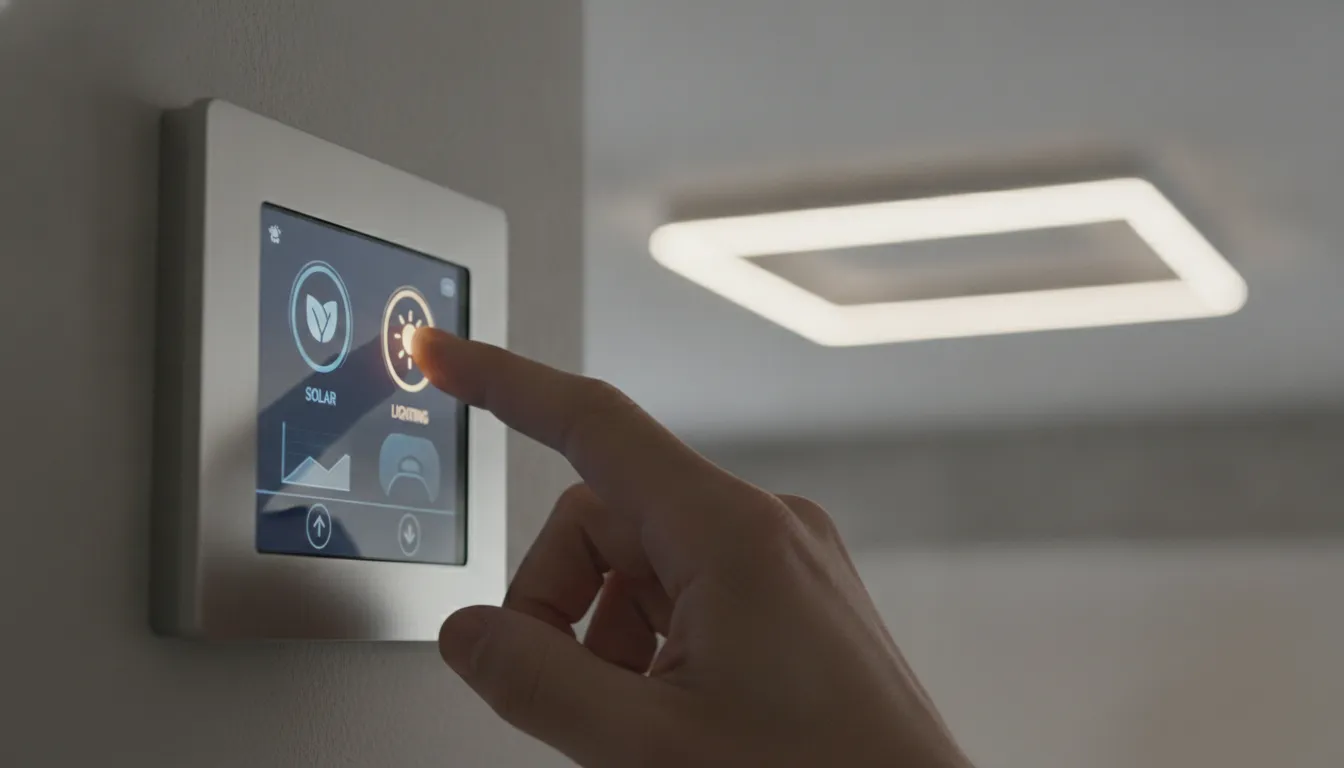 Mão ativando sistema de iluminação inteligente, mostrando controle fácil da energia solar. Tecnologia para casa.