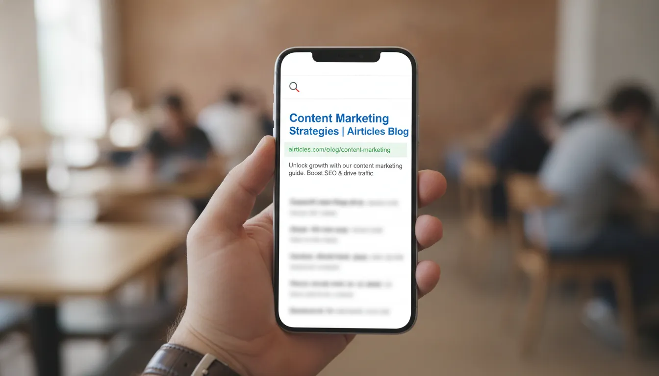 Mão segura smartphone mostrando blog da Airticles na primeira página do Google, resultado de marketing de conteúdo eficaz.