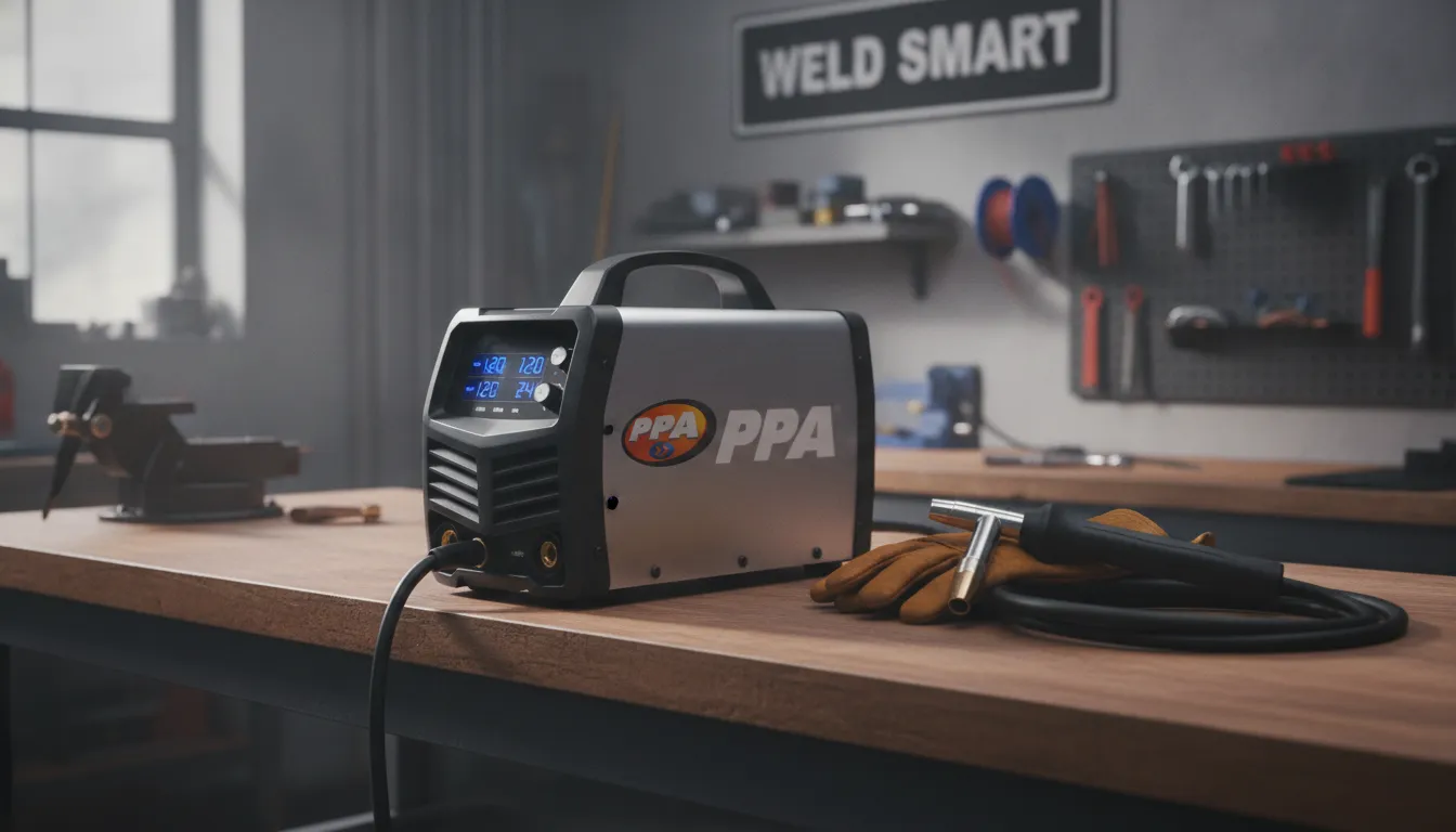 Máquina de solda inversora PPA compacta e moderna em bancada de trabalho, pronta para uso profissional.