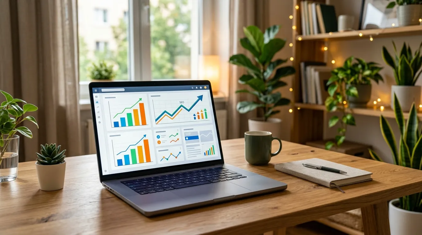 Notebook aberto exibindo graficos de crescimento SEO e criacao de conteudo otimizado sobre uma mesa de madeira.