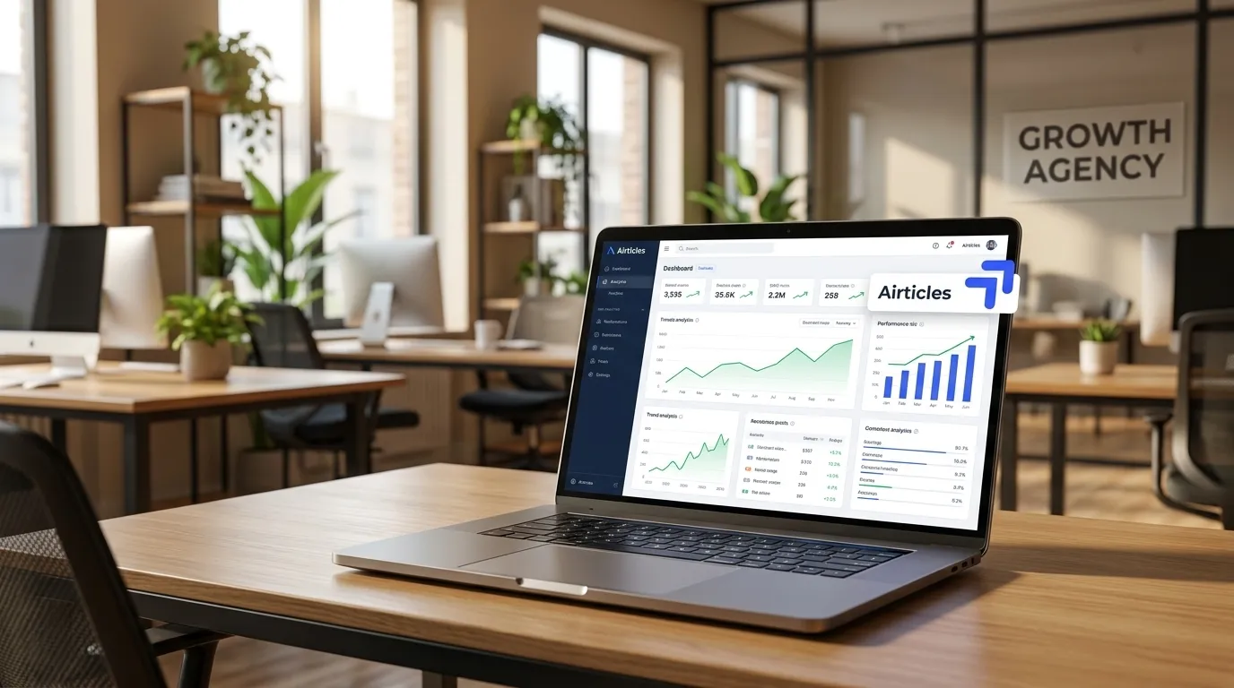 Notebook exibindo gráficos de crescimento de um site de rank em escritório moderno.