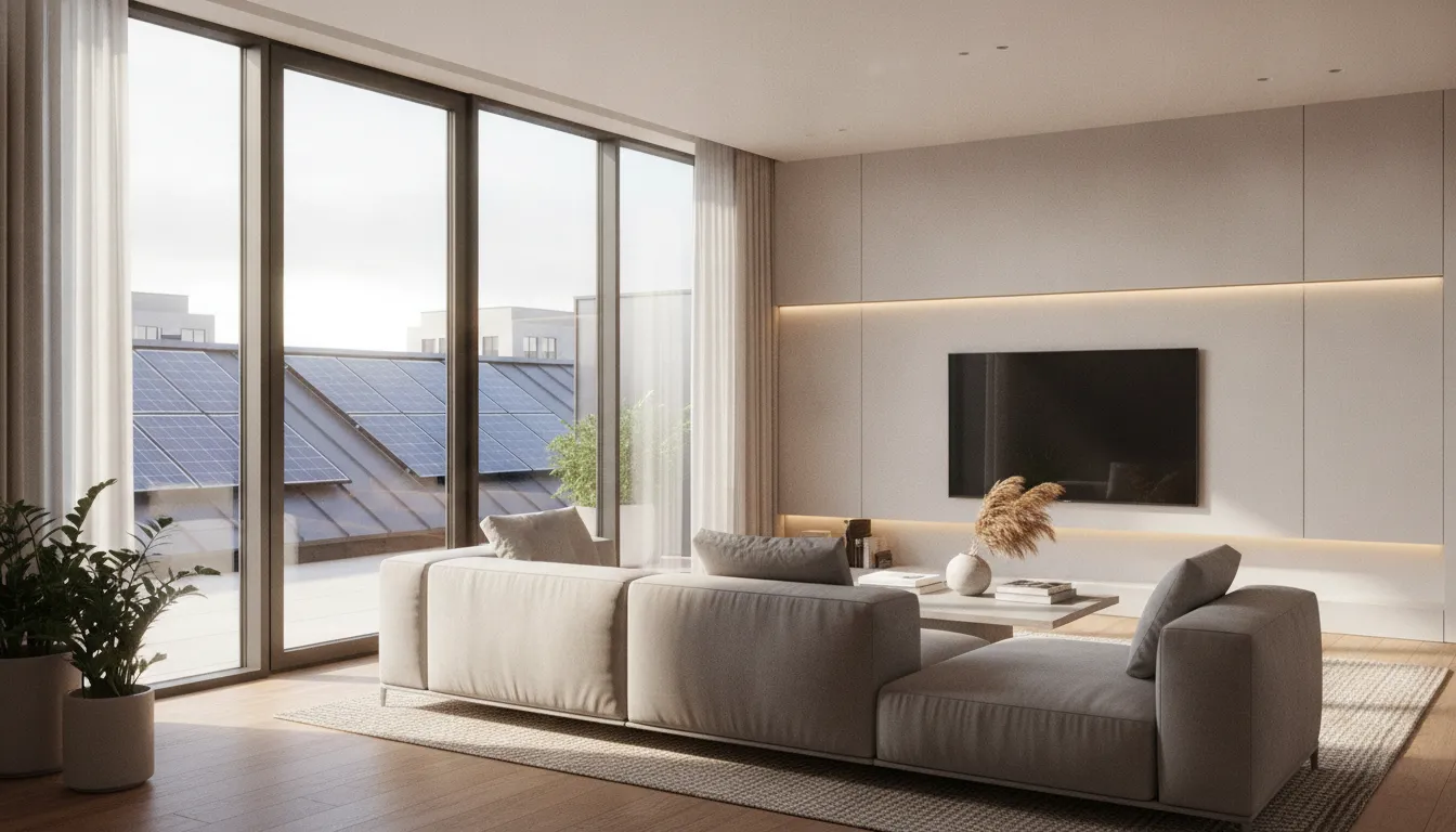 Painéis solares discretos no telhado alimentam sistema de iluminação moderno, transformando a energia solar em luz. Ambiente claro.