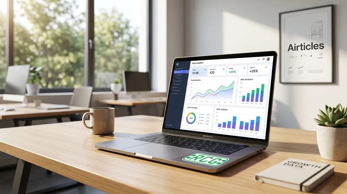 Painel de analise de dados em notebook mostrando crescimento de acessos com uma seo marketing tool.