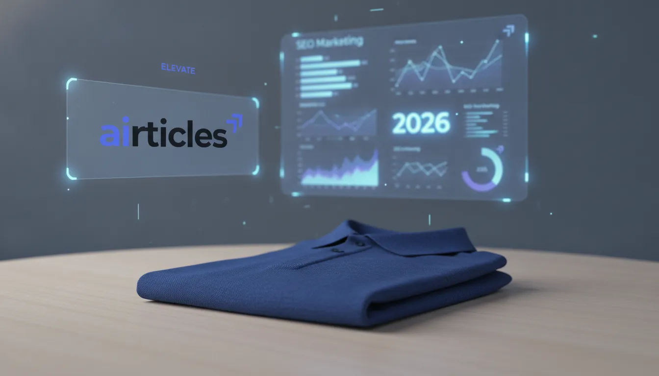 Polo azul elegante sobre mesa de madeira com projeção holográfica de dashboard de SEO, simbolizando avanço digital.