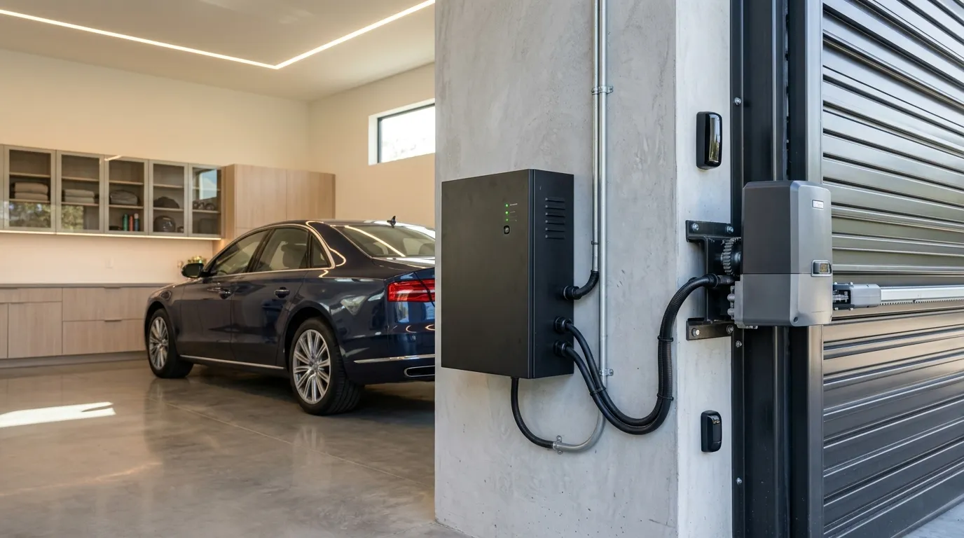 Portão automático de garagem integrado a sistemas de energia para garantir segurança em apagões.