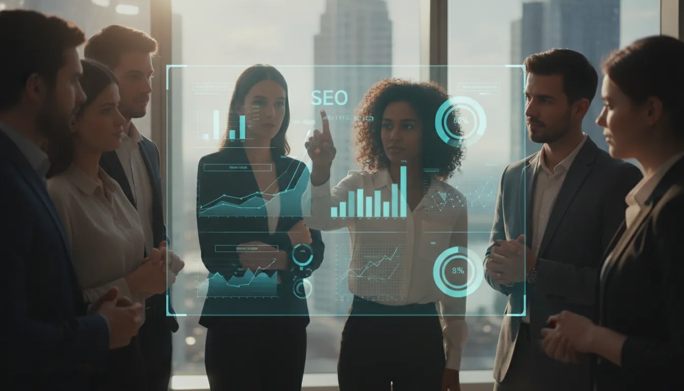 Profissionais analisam ferramentas de SEO e dados em tela holográfica, otimizando estratégia com Airticles.