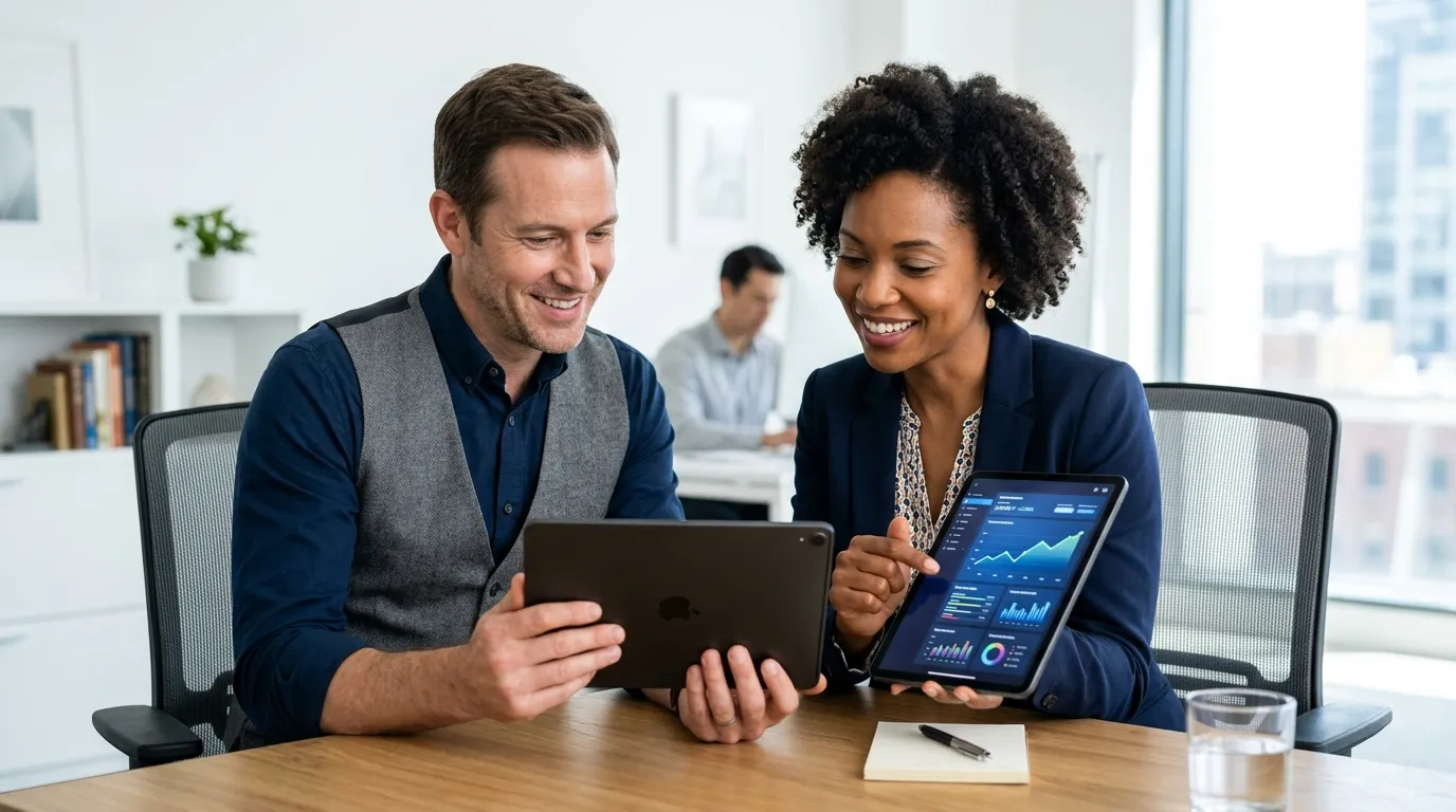 Profissionais analisando resultados de criacao de conteudo digital em um tablet moderno na sala de reunioes.