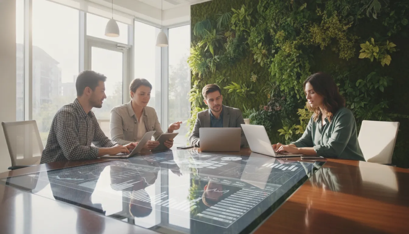 profissionais-marketing-conteudo-estrategias-digitais.webp Profissionais colaboram em estratégias de marketing de conteúdo, utilizando dashboards e ferramentas digitais para otimizar resultados.