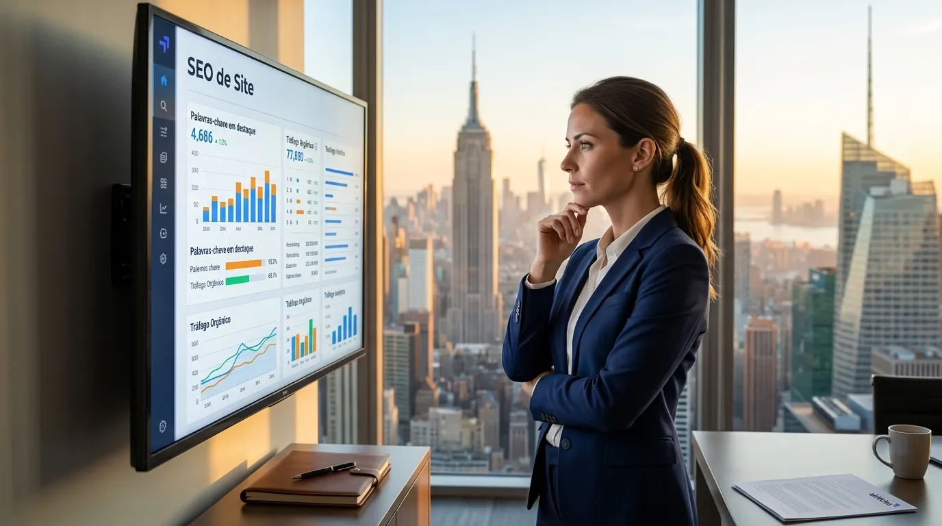 Profissional analisa painel digital de SEO de site em escritorio de Manhattan com vista da cidade