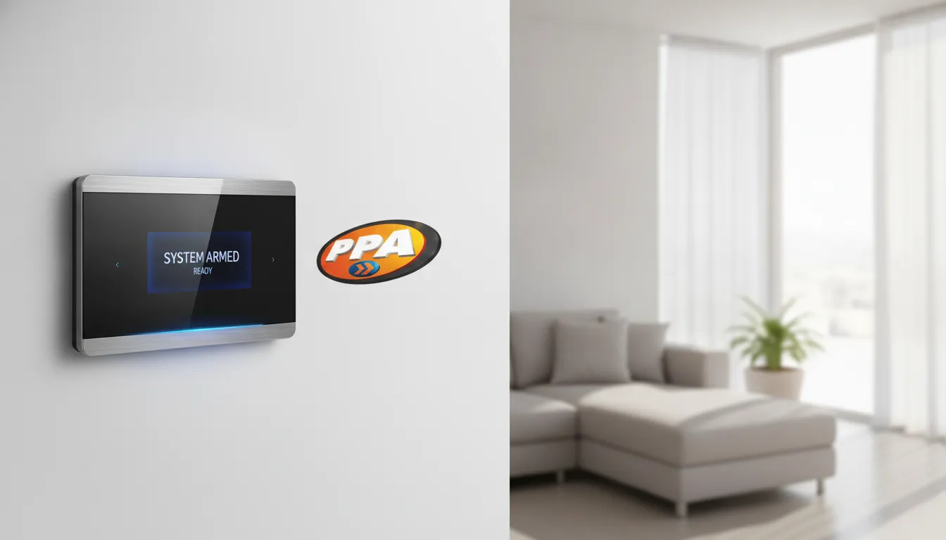 sistema-alarmes-ppa-casa-inteligente.webp Sistema de alarmes PPA moderno e elegante em uma casa inteligente, destacando segurança e tecnologia inovadoras.