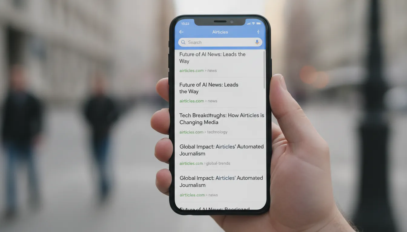 Smartphone exibe resultados de pesquisa Google com notícias geradas, destacando sucesso da Airticles no SEO.