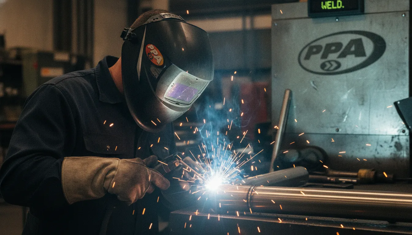 Soldador profissional com capacete PPA focado em solda de alta performance, gerando faíscas intensas.