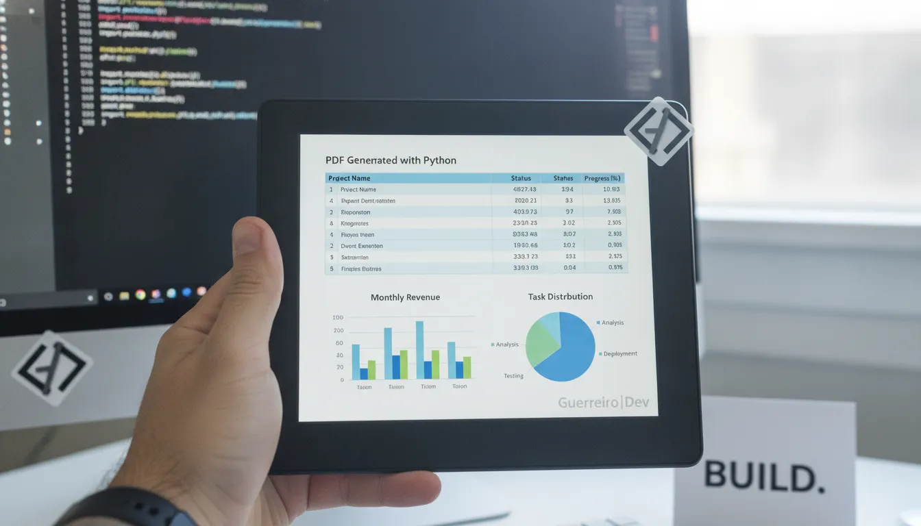 Mão segurando tablet exibindo documento PDF gerado por projetos em python. Foco na qualidade do documento digital.