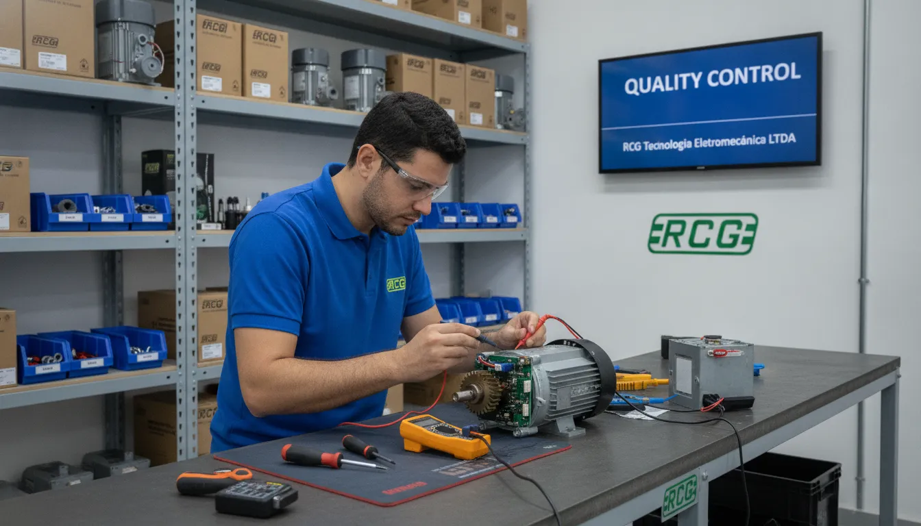 Técnico especializado inspecionando motor elétrico portão RCG, garantindo qualidade e desempenho.