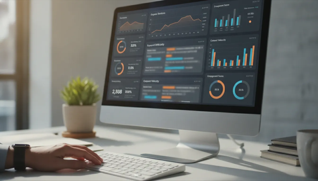tela-computador-noticias-automaticas-seo.webp Tela de computador exibindo painel com notícias geradas automaticamente e gráficos de SEO da Airticles.