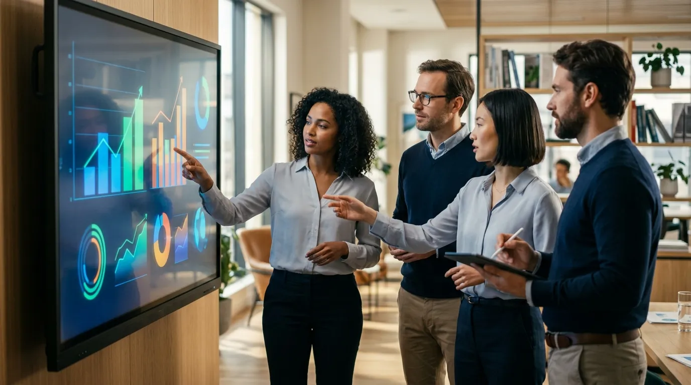 analise-graficos-trafego-pago-empresas.webp Equipe analisa gráficos de crescimento em campanha de trafego pago empresas em um escritório moderno.