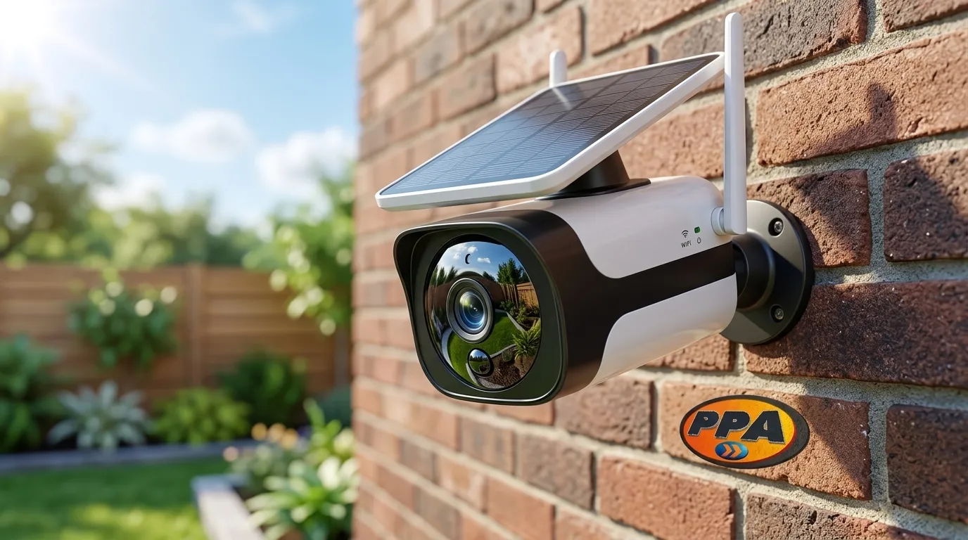 Câmera solar wifi instalada em parede externa de casa moderna com jardim ao fundo sob luz solar.