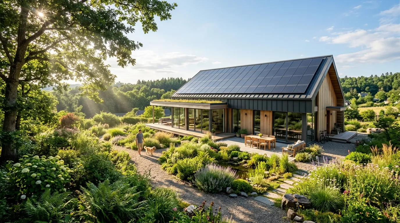 Casa sustentavel equipada com sistema de energia solar fotovoltaica integrada.